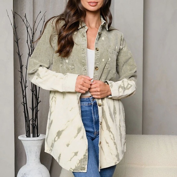 ☃️BOGO50%☃️ 🆕💚PEACH LOVE: OLIVE Washed Corduroy Button Up Shirt SMALL - Picture 5 of 14